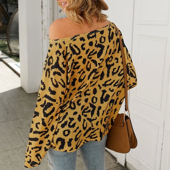 CLEARANCE Yellow Leopard Waffle Off Shoulder Long Sleeve Top - Picture 3 of 3